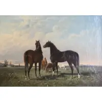 August von Maly, Horses, Oil on Canvas