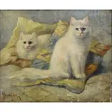 Two Cats by L. Oil on Canvas Manouriez, sold Dec 2018