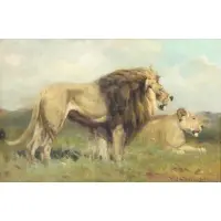 William Henry Drake, Lion and Lioness, Oil on Canvas