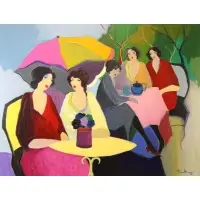 Itzchak Tarkay, Grouping of Women at a Cafe, Acrylic on Canvas
