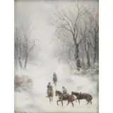 Marie H Guise, Travelers in Snowy Landscape, Oil on Board
