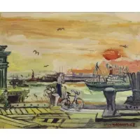 Joseph Delaney, New York Harbor, Oil on Board