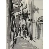 Ruth Schloss, Street Scene, Gouache on Paper