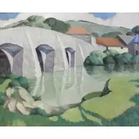 Misha Podryski, Landscape with Bridge, Oil on Canvas