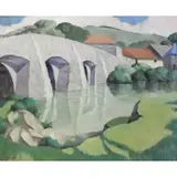 Misha Podryski, Landscape with Bridge, Oil on Canvas
