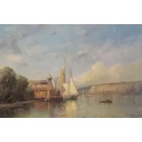 Frederick Hunter, Ship in Harbor, Oil on Canvas