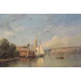Frederick Hunter, Ship in Harbor, Oil on Canvas