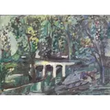 H. Oil on Board Daum, Landscape with Bridge