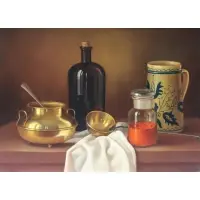 András Gombár, Still Life of Red Pigment in a Glass Jar, a Ladle, and Other Receptacles, Oil on Panel