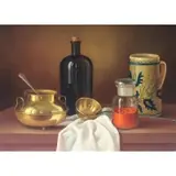 András Gombár, Still Life of Red Pigment in a Glass Jar, a Ladle, and Other Receptacles, Oil on Panel