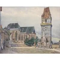 European Village Scene by E. Watercolor Bernhardt, sold Oct 2018