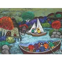 Bea Haverbusch, 7 In Rowboat, Mixed Media on Board