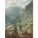 J. Oil on Canvas Burras, Landscape with Figures Crossing a Bridge
