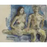 Moses Soyer, Two Nudes, Pastel and Watercolor
