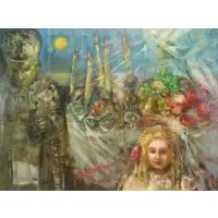 Jonah Kinigstein, Table with Figures, Oil on Board