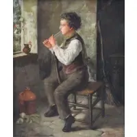 William Hemsley, Boy Playing the Flute, Oil on Canvas