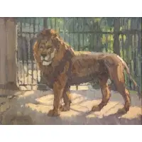 Joseph Kerschensteiner, Lion at the Zoo, Oil on Board