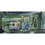 Stephen Lokos, Still Life with Guitar and Vases, Oil on Board