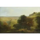 Henry Dawson, English Landscape Figure and Animals, Oil on Canvas