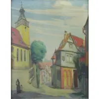 Frederick Freder, European Street Scene, Oil on Canvas
