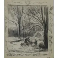 Figures at a Campfire by Maximilien Luce, Black Crayon and Wash on Paper, sold May 2018