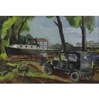 Louis Leon Ribak, Figure with Car and Fishing Boat, Oil on Board