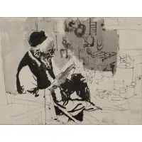 Moshe Gat, Man Reading, 1971, Ink on Paper