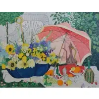 Frederick Jessup, Still Life with Flowers, Parasols and Fruit, Oil on Canvas