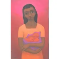 Luis Vezcali, Girl With Fruit, 1961, Oil On Masonite "Girl With Fruit"