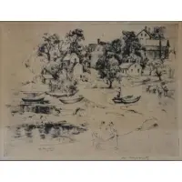 William Meyerowitz, Coastal Village Scene, Etching