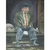 Min Rosenburg, Man in Boxcar, Oil on Canvas