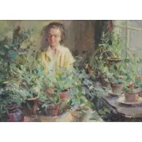 Gerald Merfeld, Woman with Plants, Oil on Board