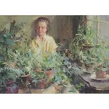 Gerald Merfeld, Woman with Plants, Oil on Board