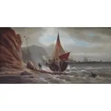 A. Oil on Canvas Temple, Boats in Sea