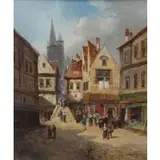 Alexandre Defaux, Village Square, Oil on Canvas