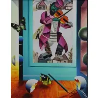 Fernando Ferjo, Surrealist Interior with Chagall, Eggs, Butterfly and Fish, Oil on Canvas