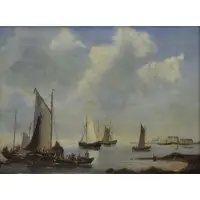 Petrus Schotel, Fishing Boats Near the Shore, Oil on Canvas