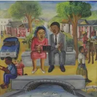 Biguad Wilson, Couple on a Bench, Oil on Board