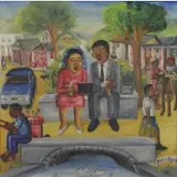 Biguad Wilson, Couple on a Bench, Oil on Board