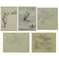 Paul. Five Brown, Equestrian Illustrations, Two ink on paper illustrations and three pencil on paper drawings