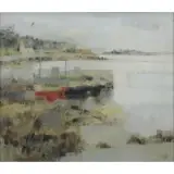 Louis Rosan, Boats in a Harbor, Oil on Canvas