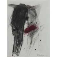 Betty Goodwin, Untitled (Two Figures with Red Spot), 1987, Oil stick, graphite and wash on Geofilm
