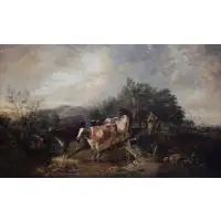 Drovers with Cattle and Dog in Landscape by Thomas Sidney Cooper, Oil on Canvas, sold Feb 2018