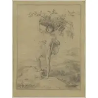 Gustav Schlick, Male Nude with Birds Nest in Landscape, Pencil on Paper