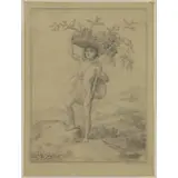 Gustav Schlick, Male Nude with Birds Nest in Landscape, Pencil on Paper