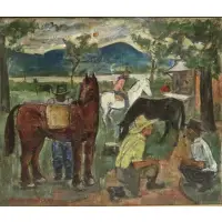 Maurice Becker, Horse Dealers., Oil/Wood Panel
