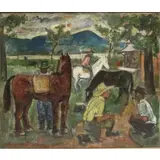 Maurice Becker, Horse Dealers., Oil/Wood Panel