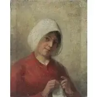 Max Arenz, Woman Knitting, Oil on Panel