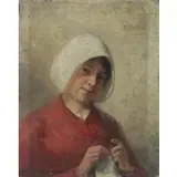 Max Arenz, Woman Knitting, Oil on Panel