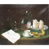 Charles Meurer, Still Life with Newspaper, Coffee and Pastries, Oil on Canvas